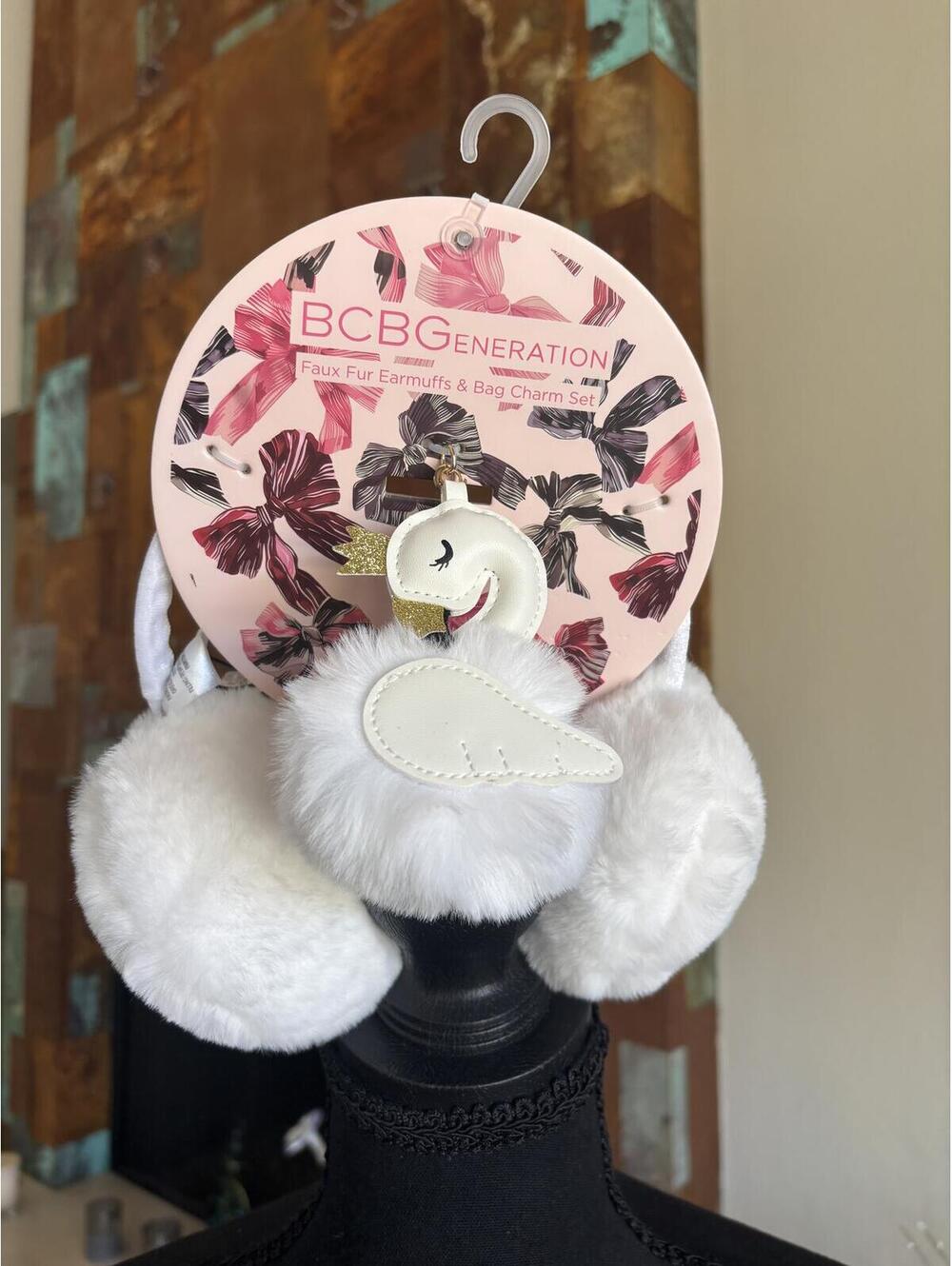 BCBGeneration Faux Fur White Earmuffs with Swan Bag Charm Set NWT